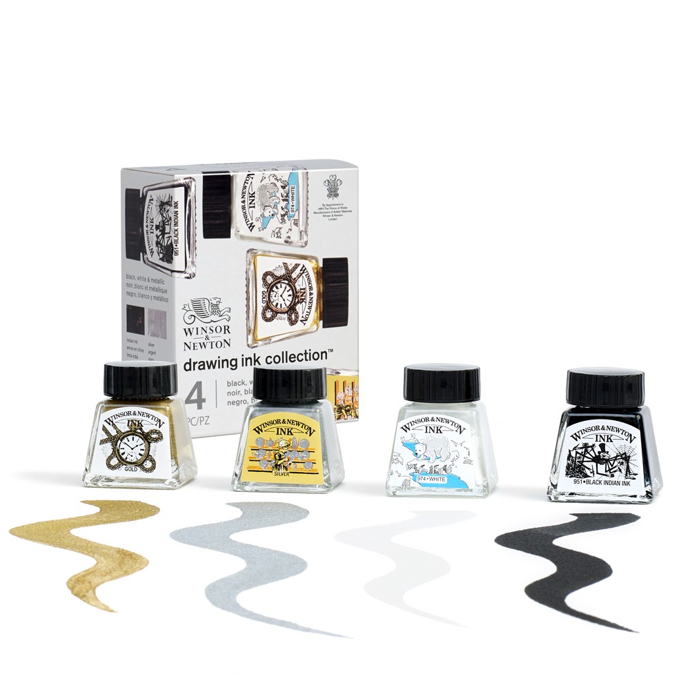 W&N Drawing Ink Collection - Black, White, and Metallic - 4 x 14ml